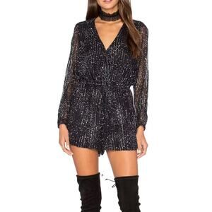 LoveShackFancy Bowie Silk Long Sleeve Star Print Black Playsuit 1 SMALL